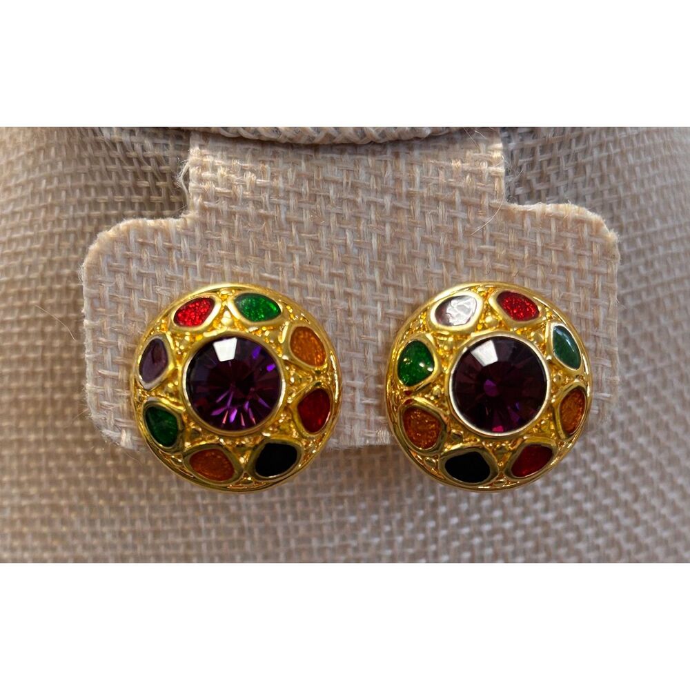 NWOT VTG Joan Rivers Mughal Multicolor Enamel Amethyst Domed Pierced Earrings